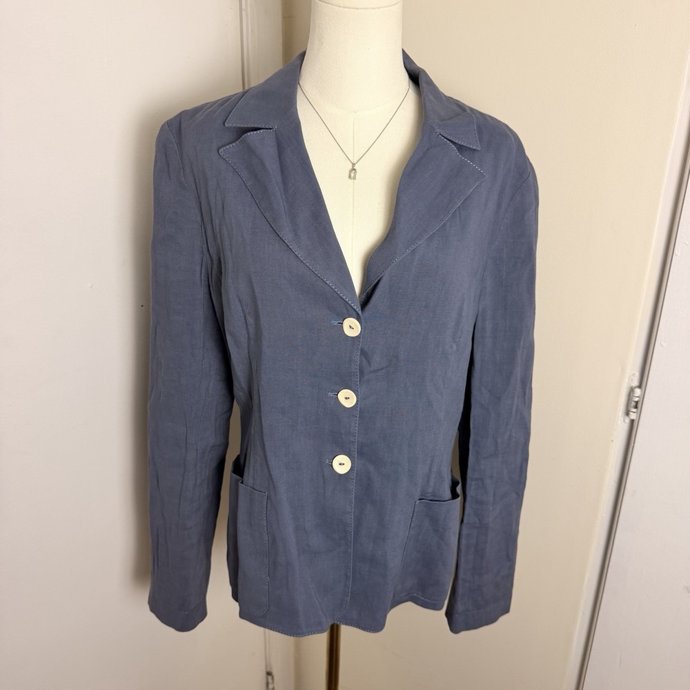 Piazza Sempione Blue Linen Button Front Collared Lined Jacket w/ Pockets IT46